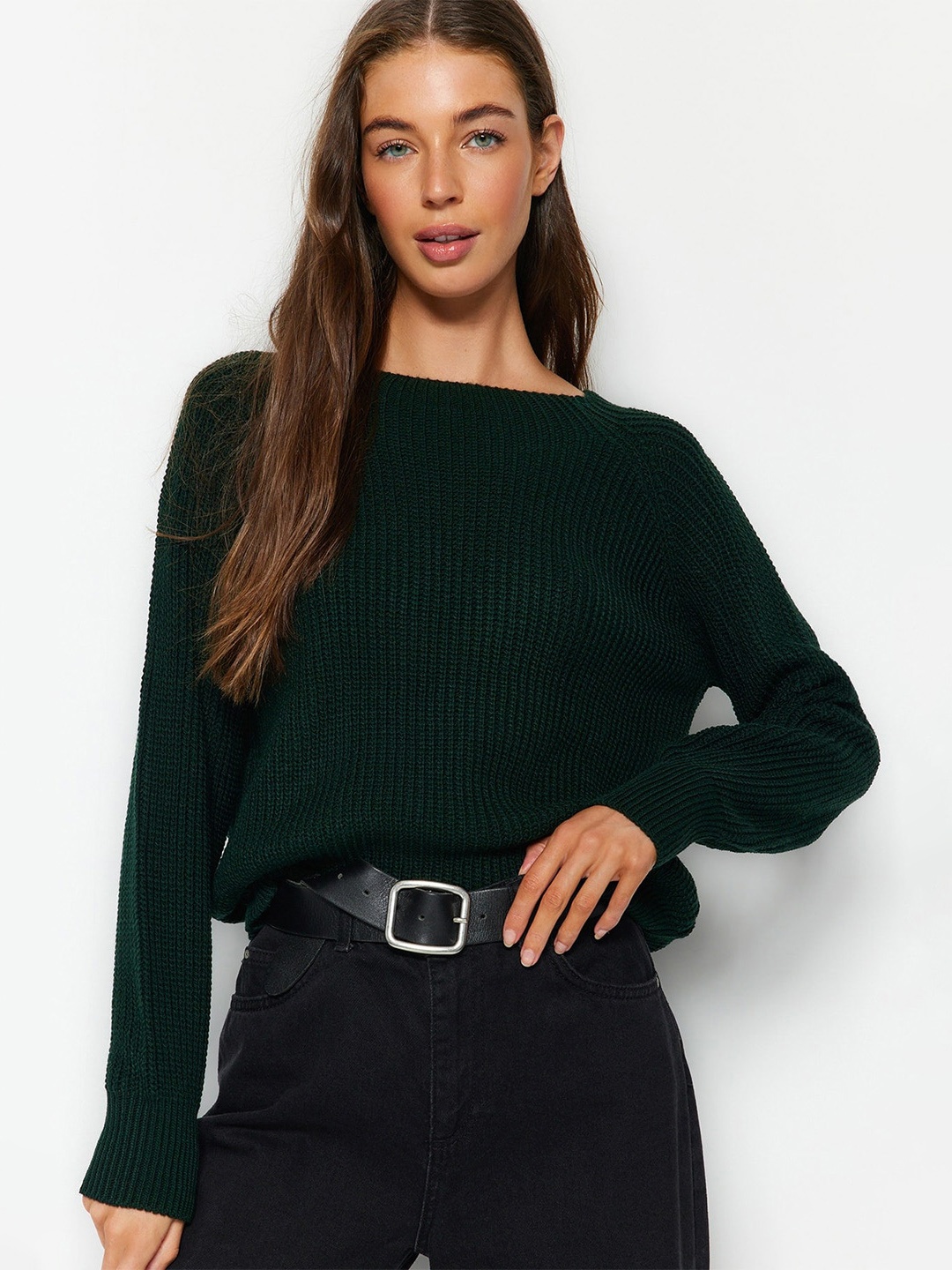 

Trendyol Ribbed Boat Neck Acrylic Pullover Sweater, Green