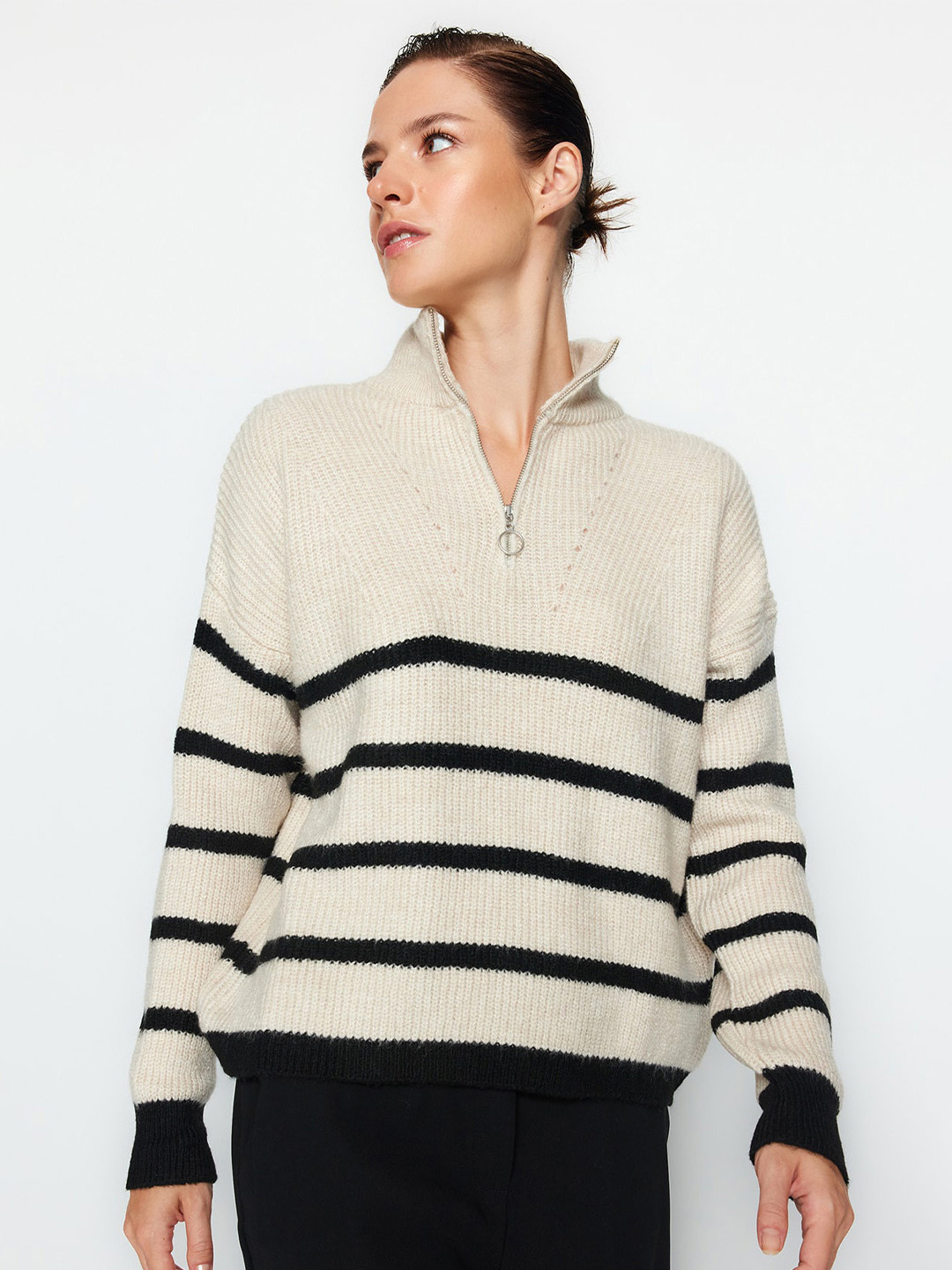 

Trendyol Striped Mock Collar Pullover, Beige