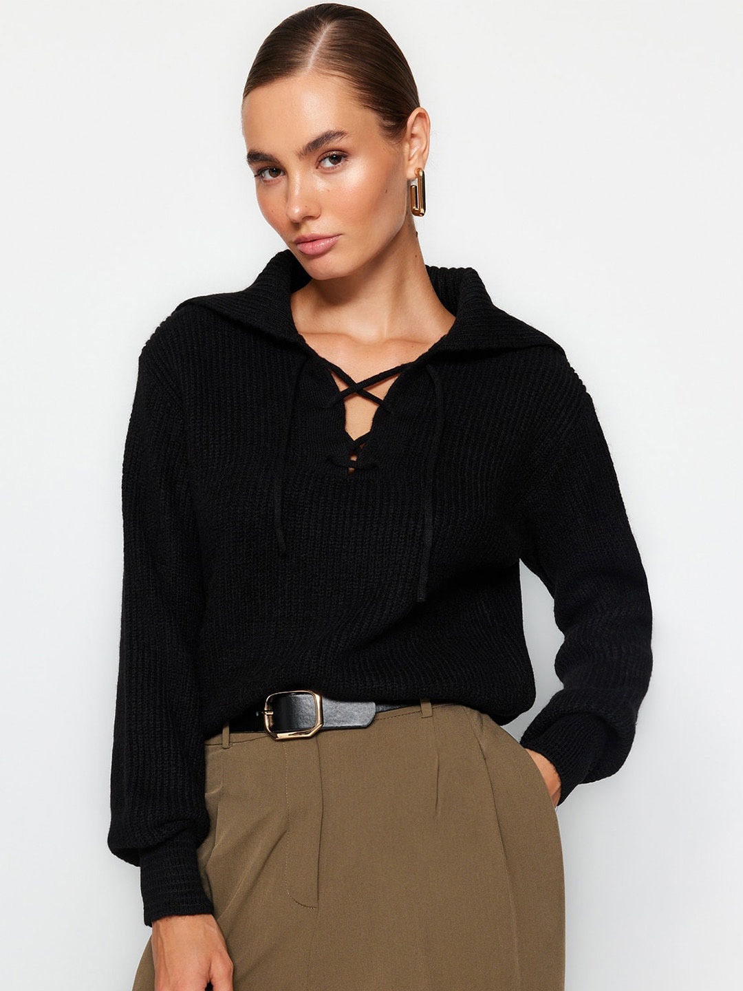 

Trendyol Self Design Cable Knit Pullover, Black