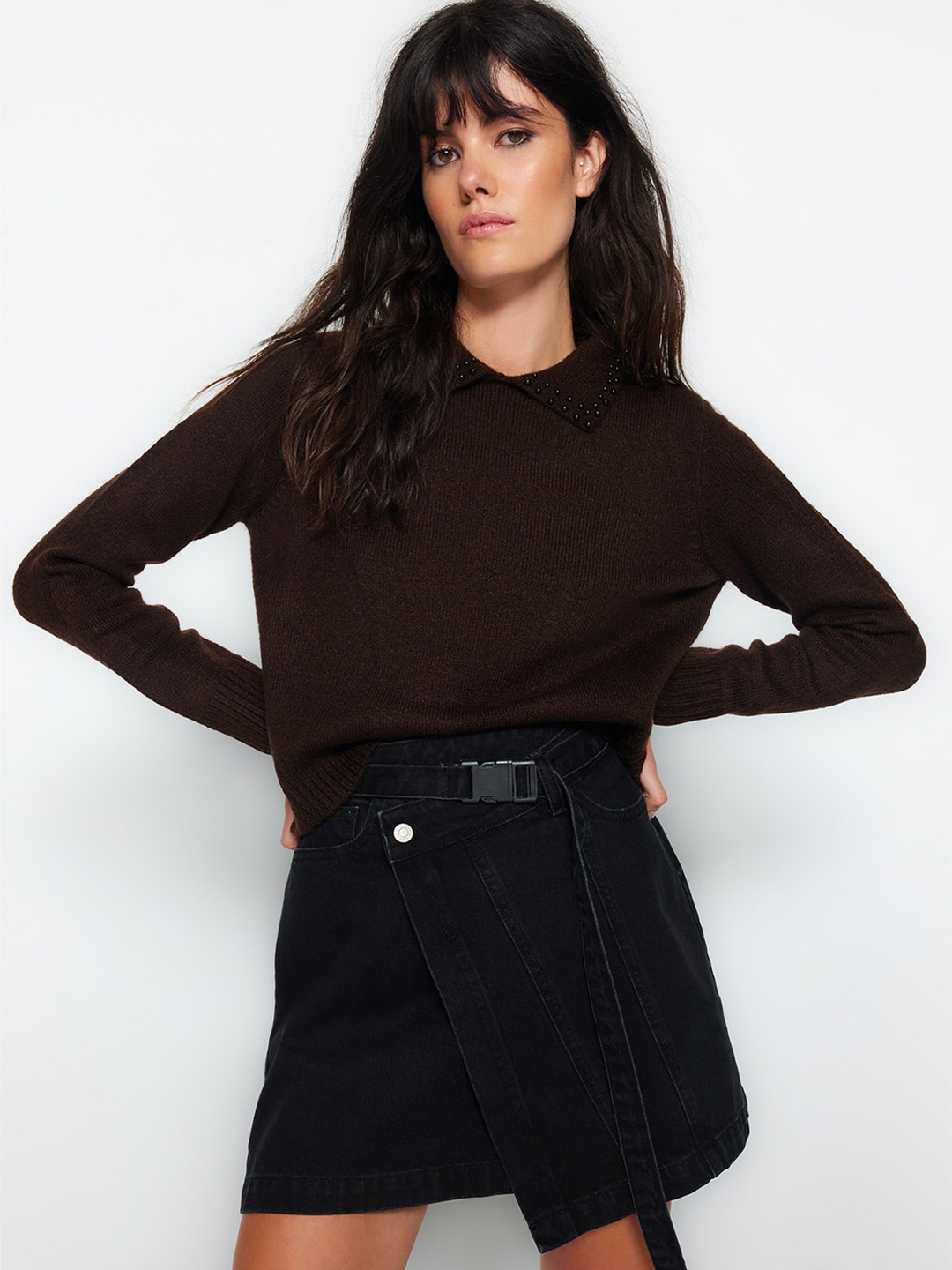 

Trendyol Embellished Ribbed Pullover, Brown