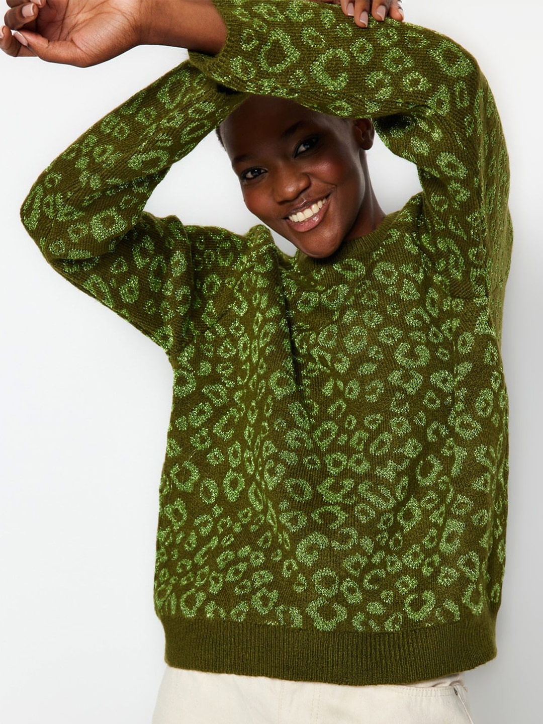 

Trendyol Animal Printed Pullover Sweater, Green