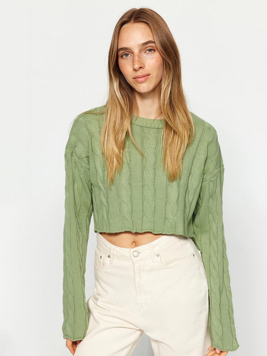 

Trendyol Cable Knit Self Design Cropped Acrylic Pullover, Green