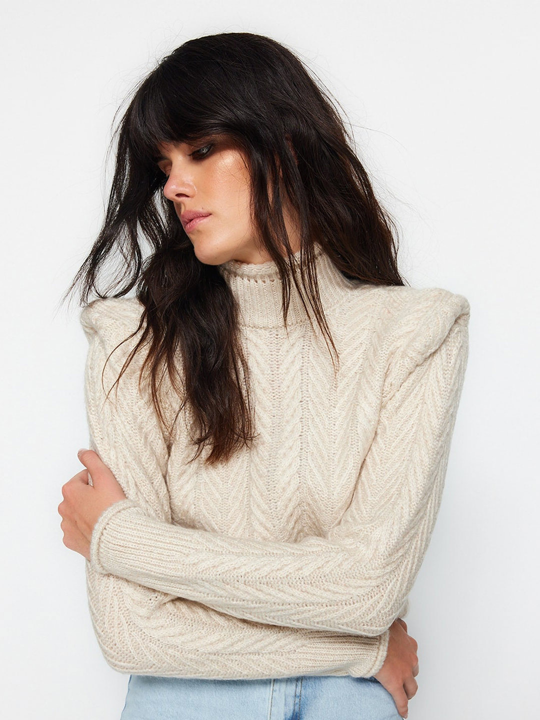 

Trendyol Self Design Cable Knit Pullover Sweater, Beige