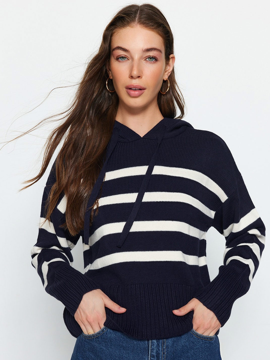 

Trendyol Striped Hooded Acrylic Pullover, Navy blue