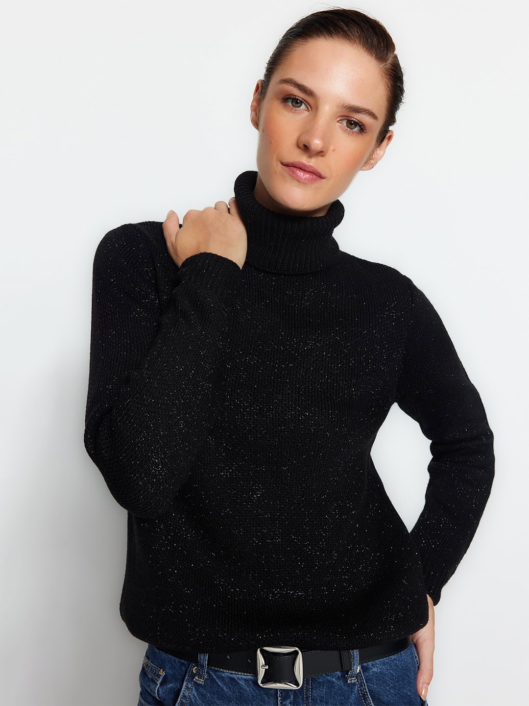 

Trendyol Speckled Acrylic Turtle Neck Pullover Sweaters, Black