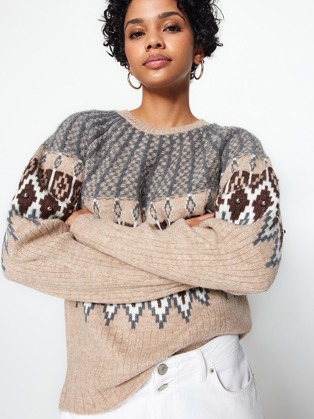 

Trendyol Self-Design Acrylic Pullover Sweater, Brown