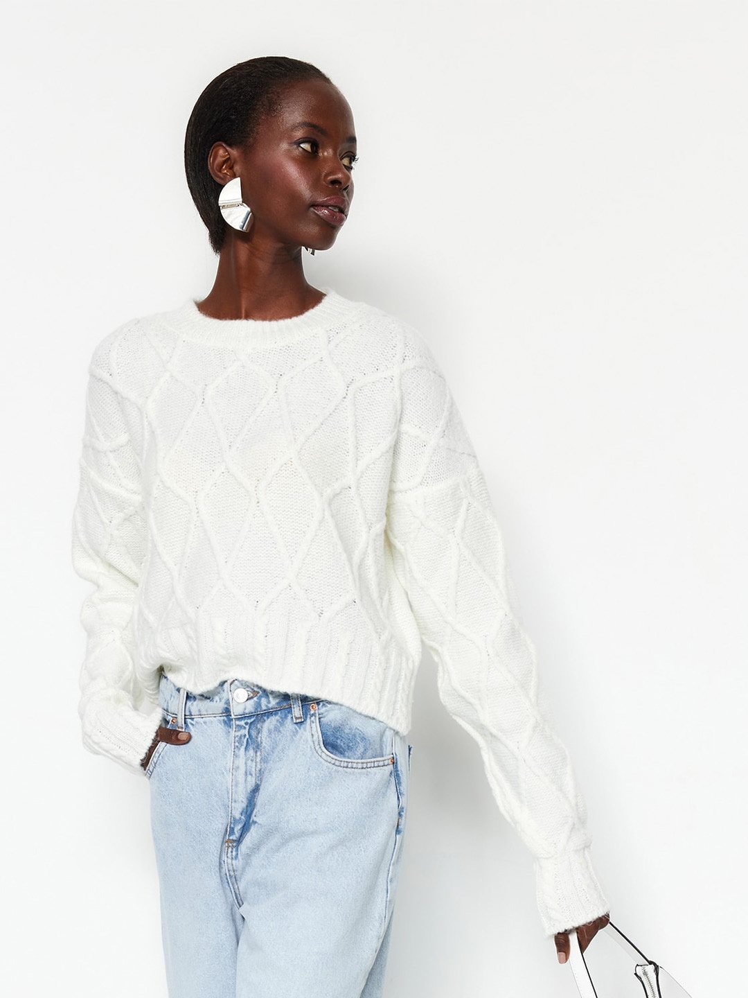 

Trendyol Self Design Cable Knit Pullover, White
