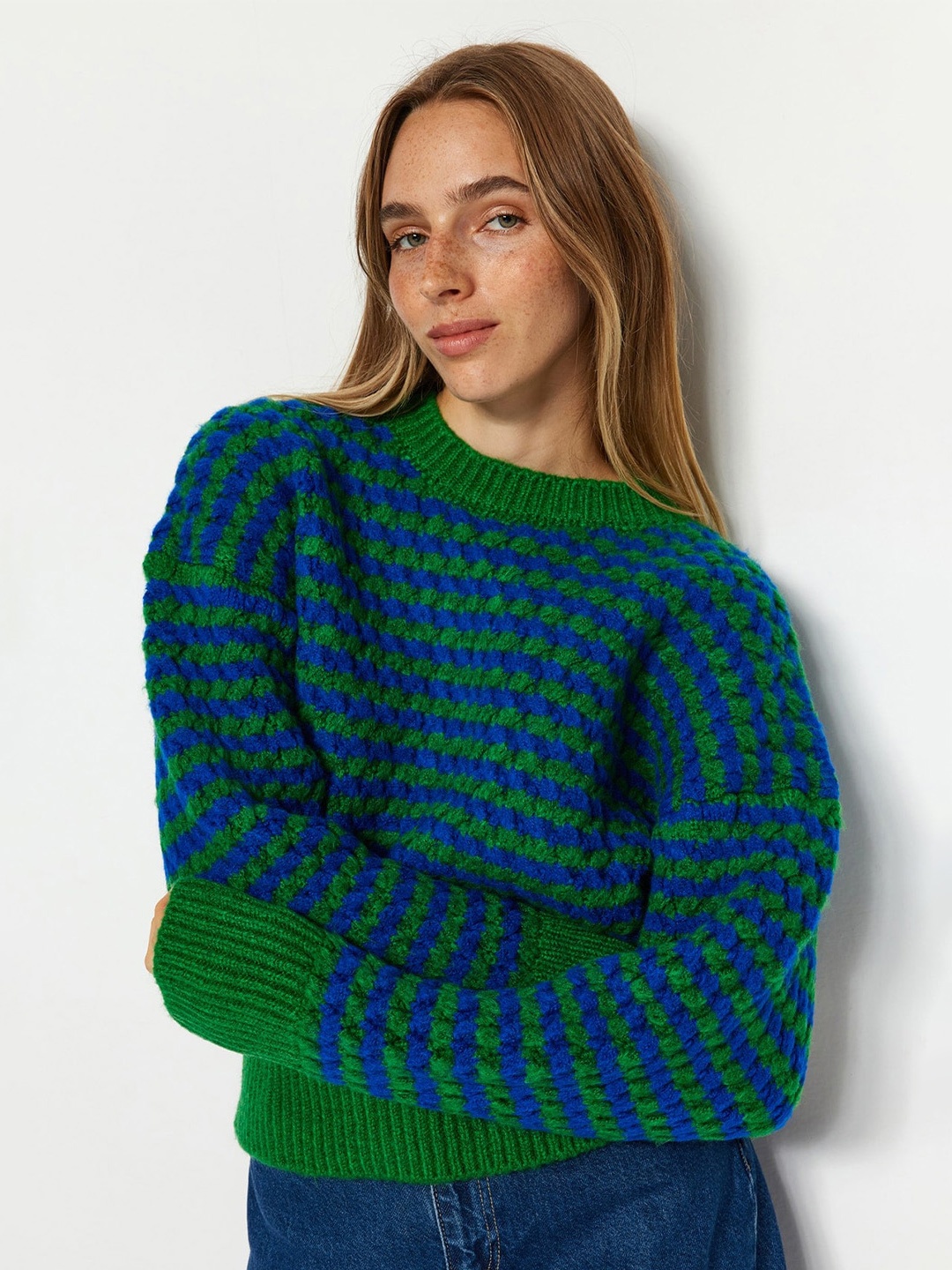 

Trendyol Cable Knit Self Design Acrylic Pullover, Green