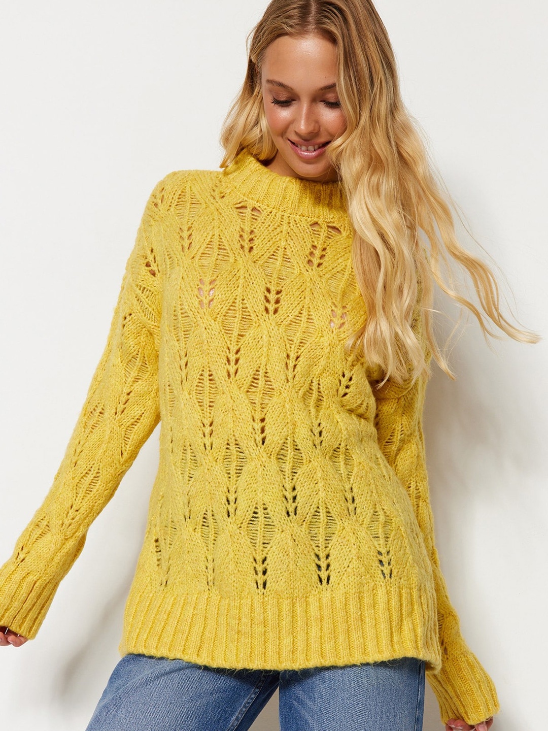 

Trendyol Open Knit Self Design Pullover Sweater, Yellow