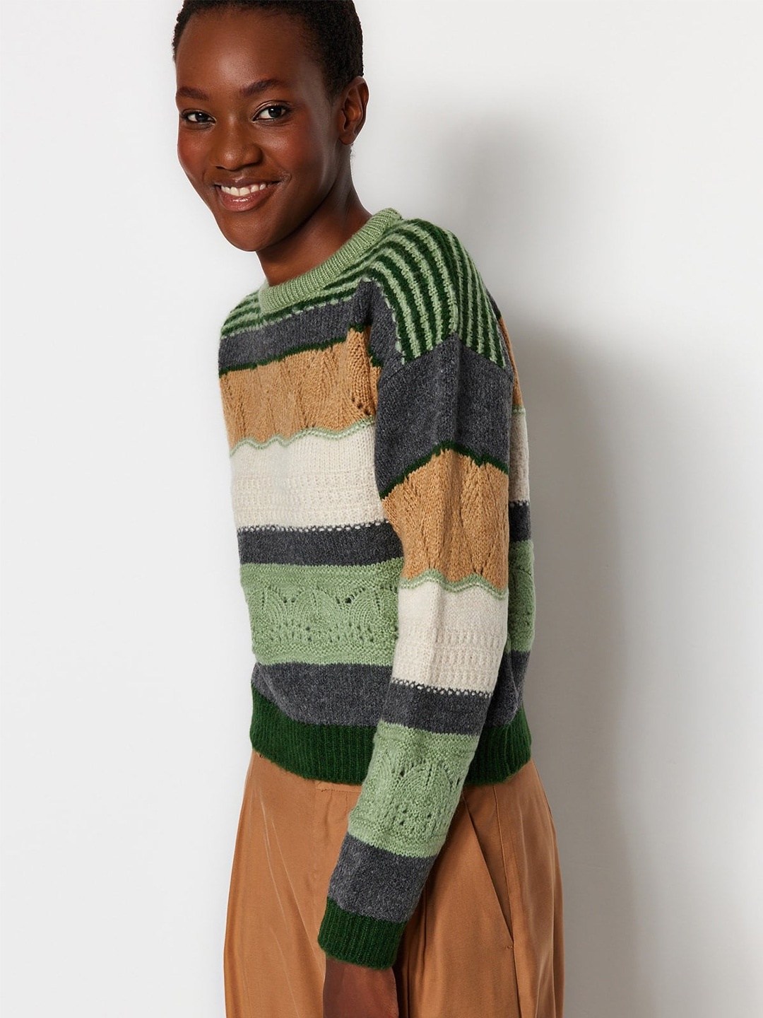 

Trendyol Striped & Open Knit Pullover Sweater, Green