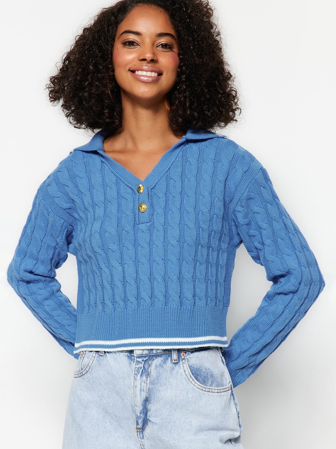 

Trendyol Cable Knit Self Design Shirt Collar Acrylic Crop Pullover Sweater, Blue