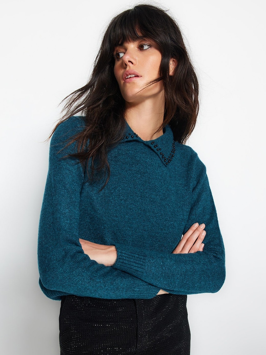 

Trendyol Shirt Collar Pullover Sweater with Embellished Detail, Green