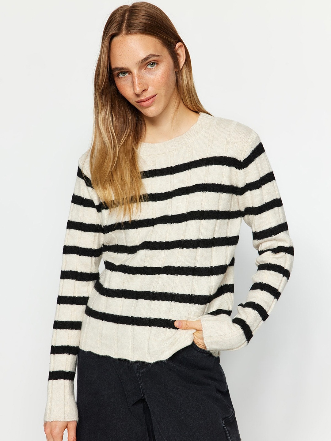 

Trendyol Striped Printed Round Neck Acrylic Pullover Sweaters, Off white