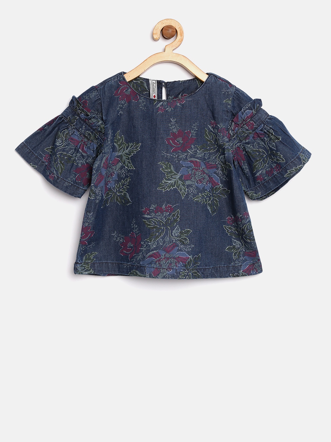 

Lee Cooper Girls Navy Blue Floral Print Chambray A-Line Pure Cotton Top