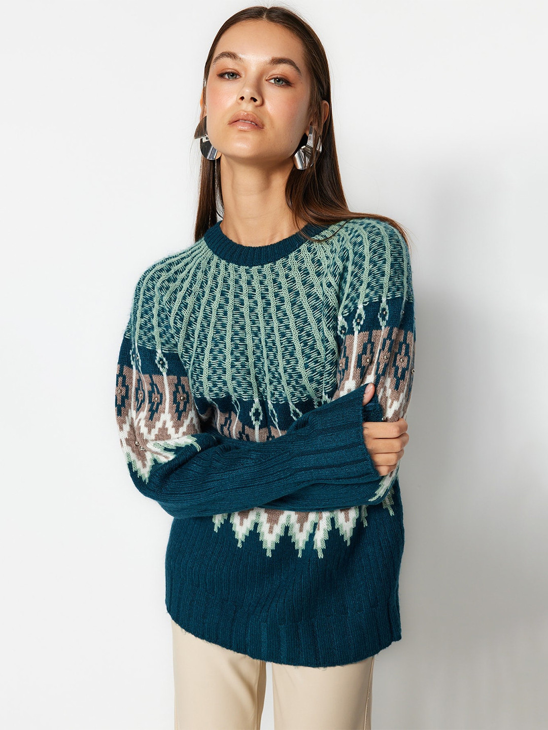 

Trendyol Printed Acrylic Pullover Sweater, Green