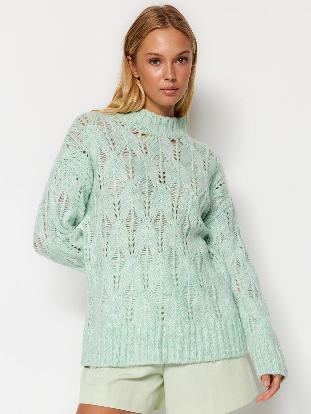 

Trendyol Round Neck Open Knit Sweater, Sea green