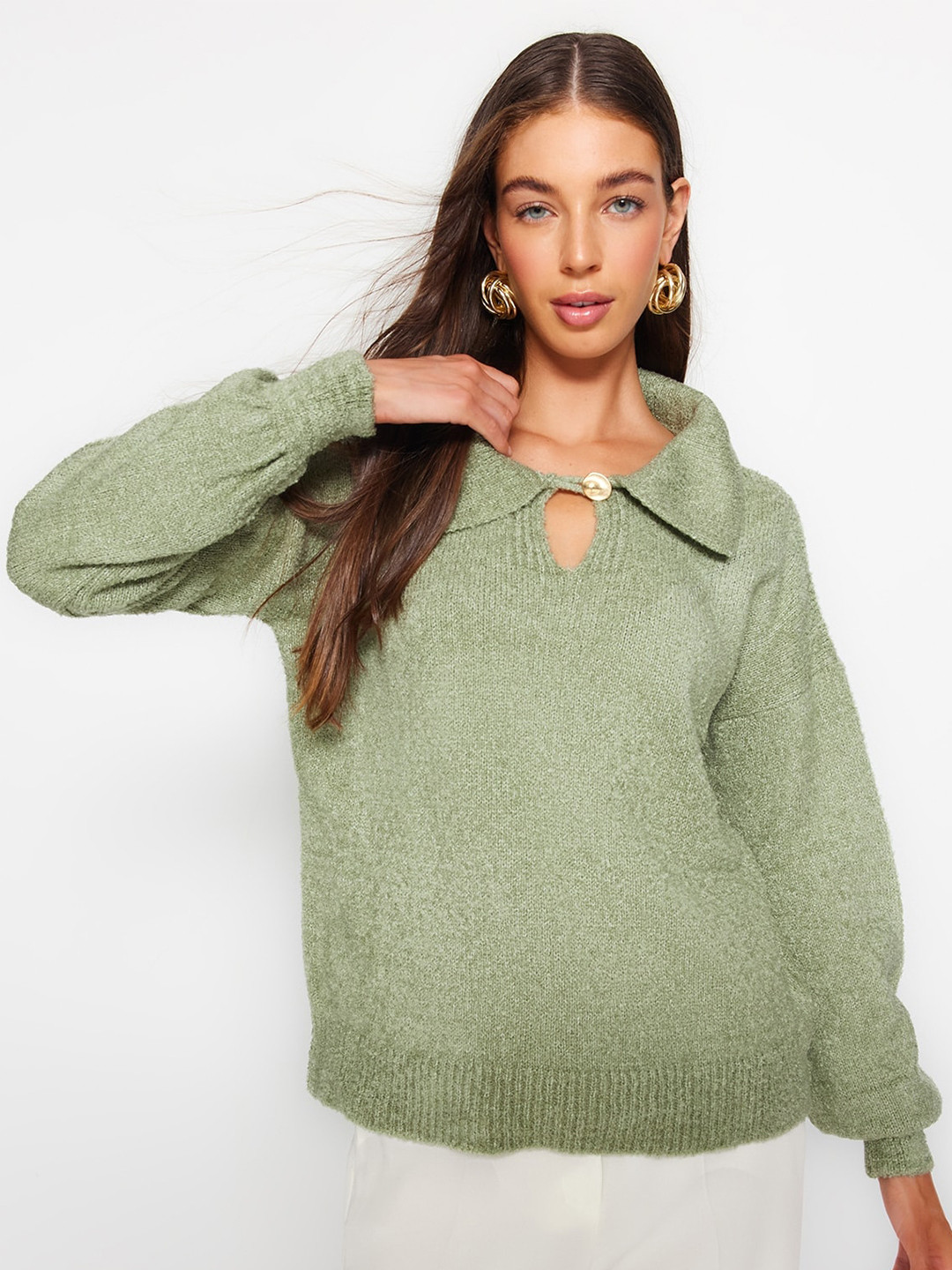 

Trendyol Shirt Collar Pullover Sweater, Green