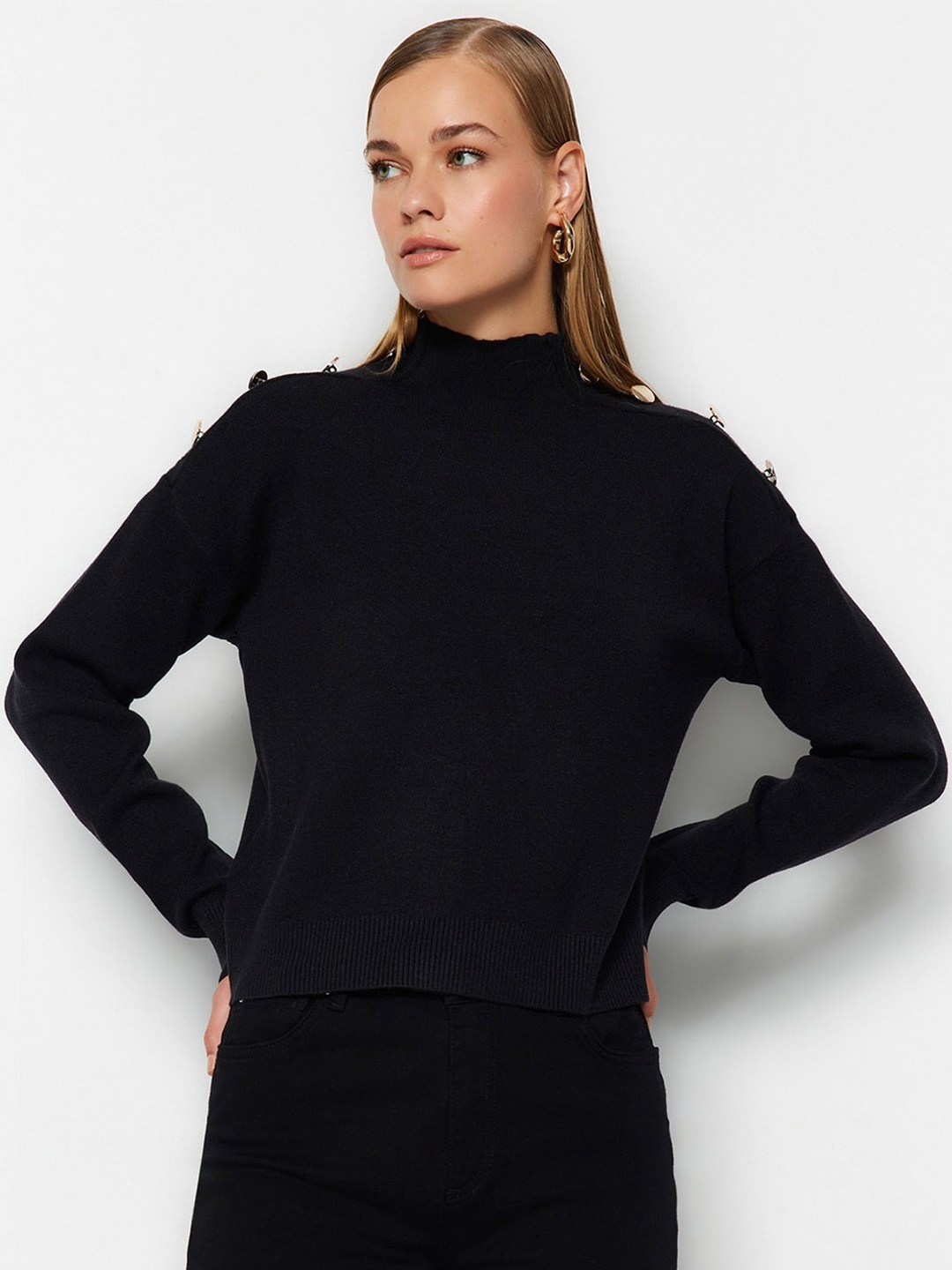 

Trendyol Mock Collar Long Sleeve Pullover Sweaters, Black