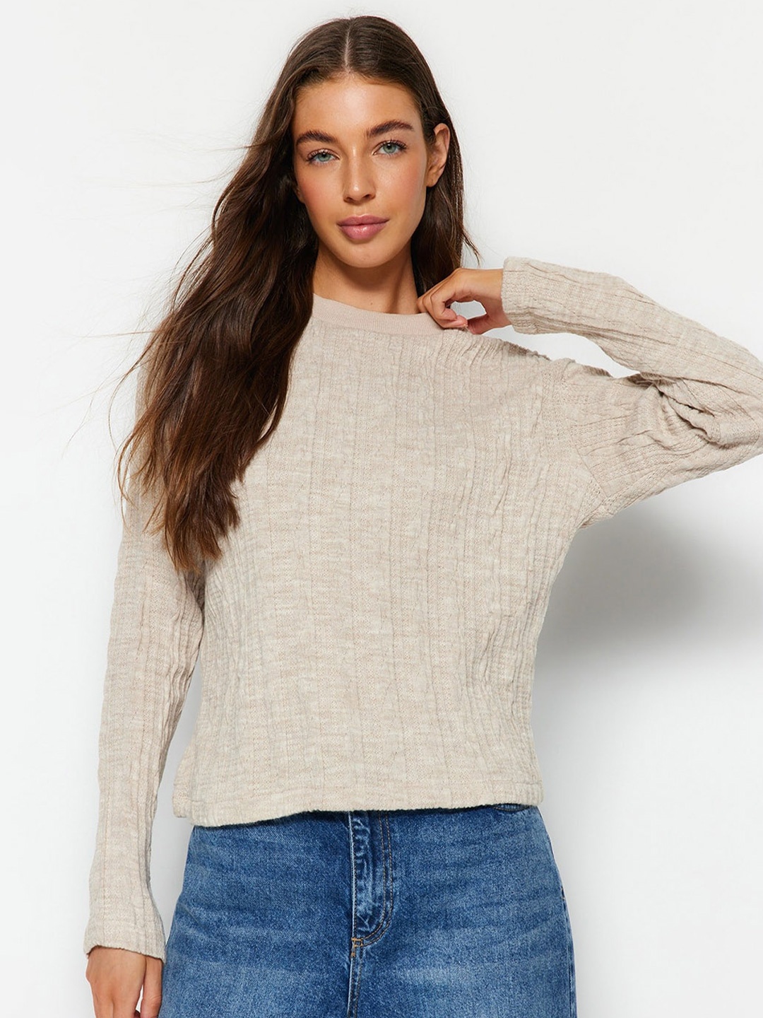 

Trendyol Self Design Cable Knit Pullover, Beige