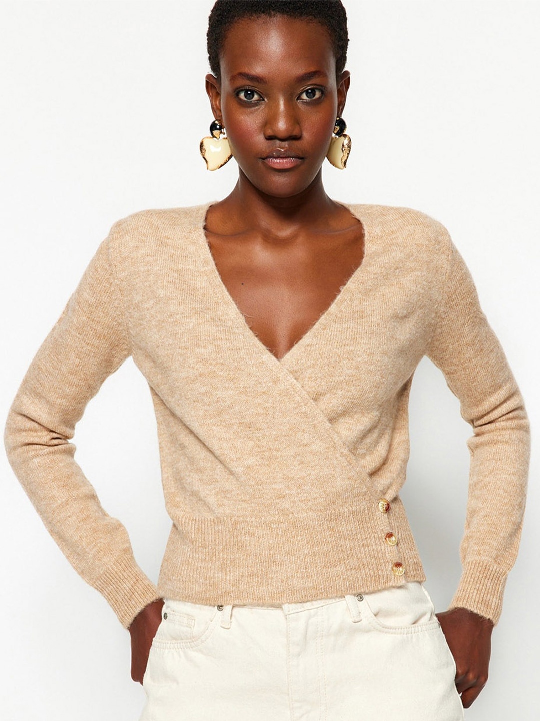 

Trendyol V-Neck Wrap Pullover Sweaters, Beige