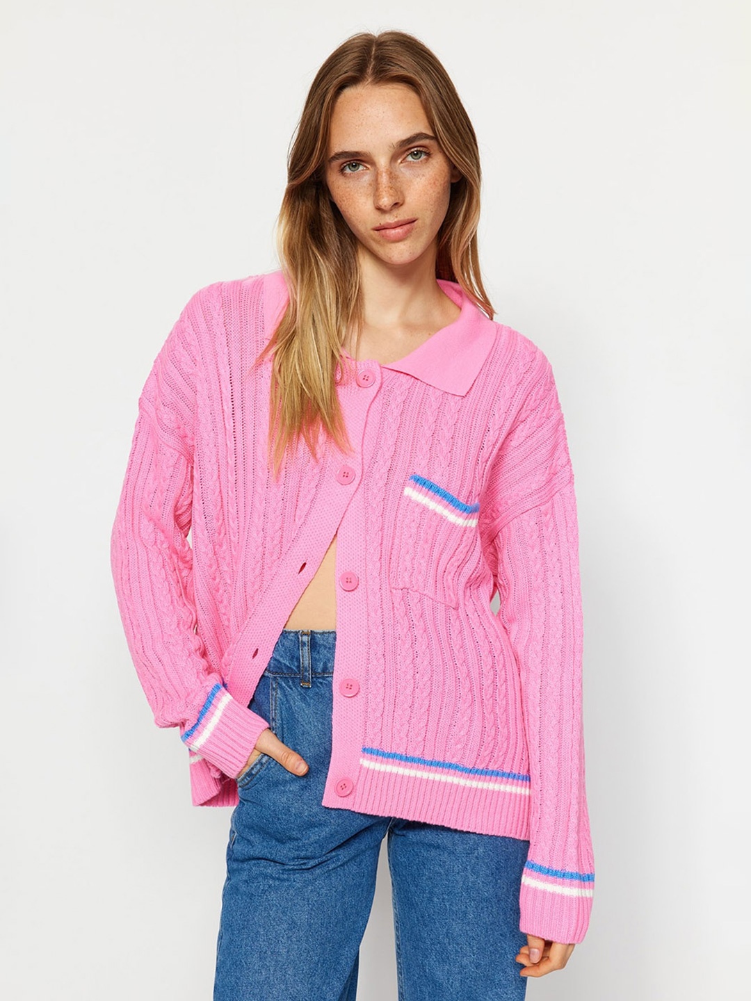 

Trendyol Cable Knit Self Design Shirt Collar Cardigan Sweater, Pink