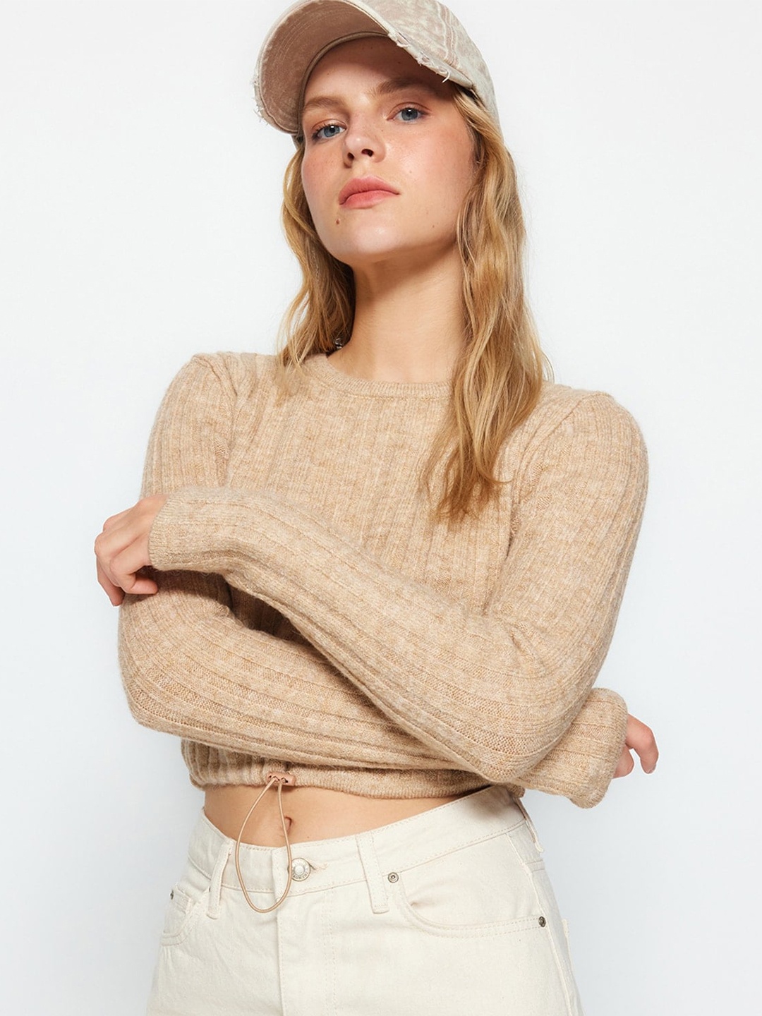 

Trendyol Ribbed Crop Pullover, Beige