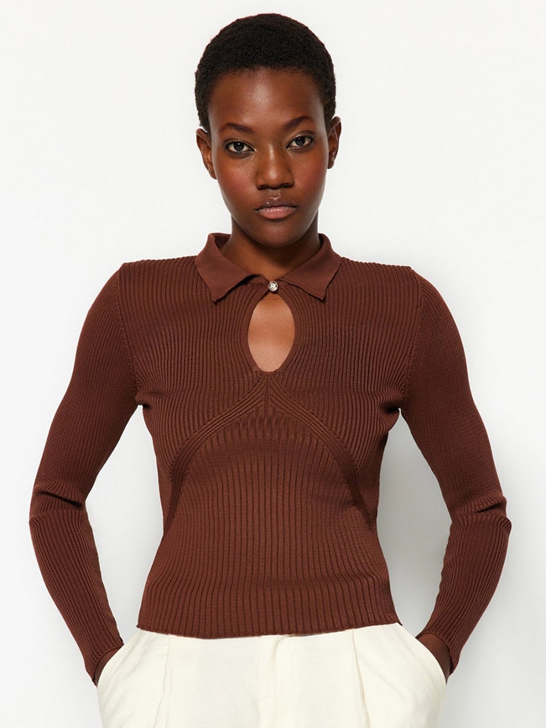 

Trendyol Shawl Collar Ribbed Pullover, Brown