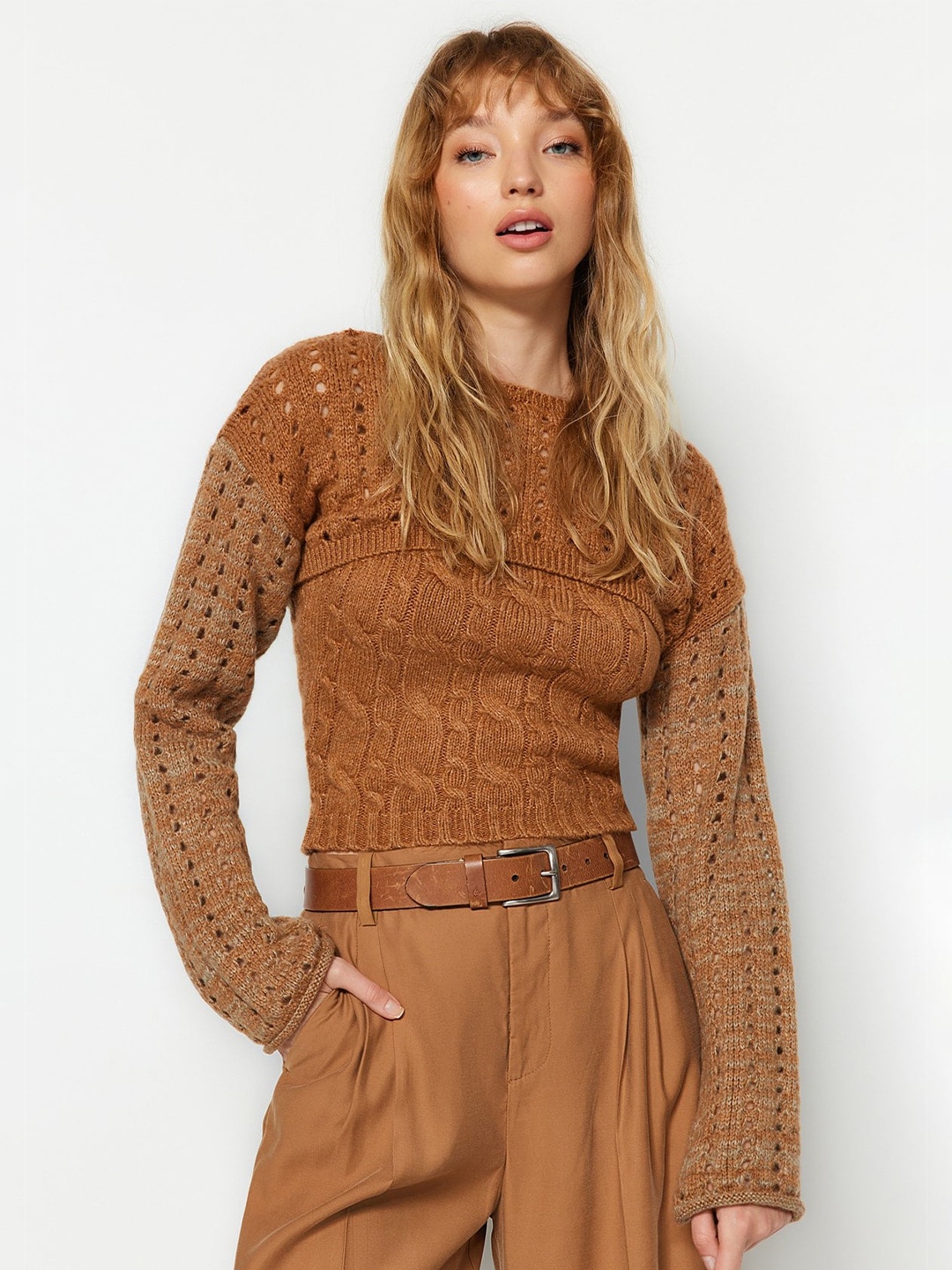 

Trendyol Cable Knit Self Design Round Neck Pullover, Brown