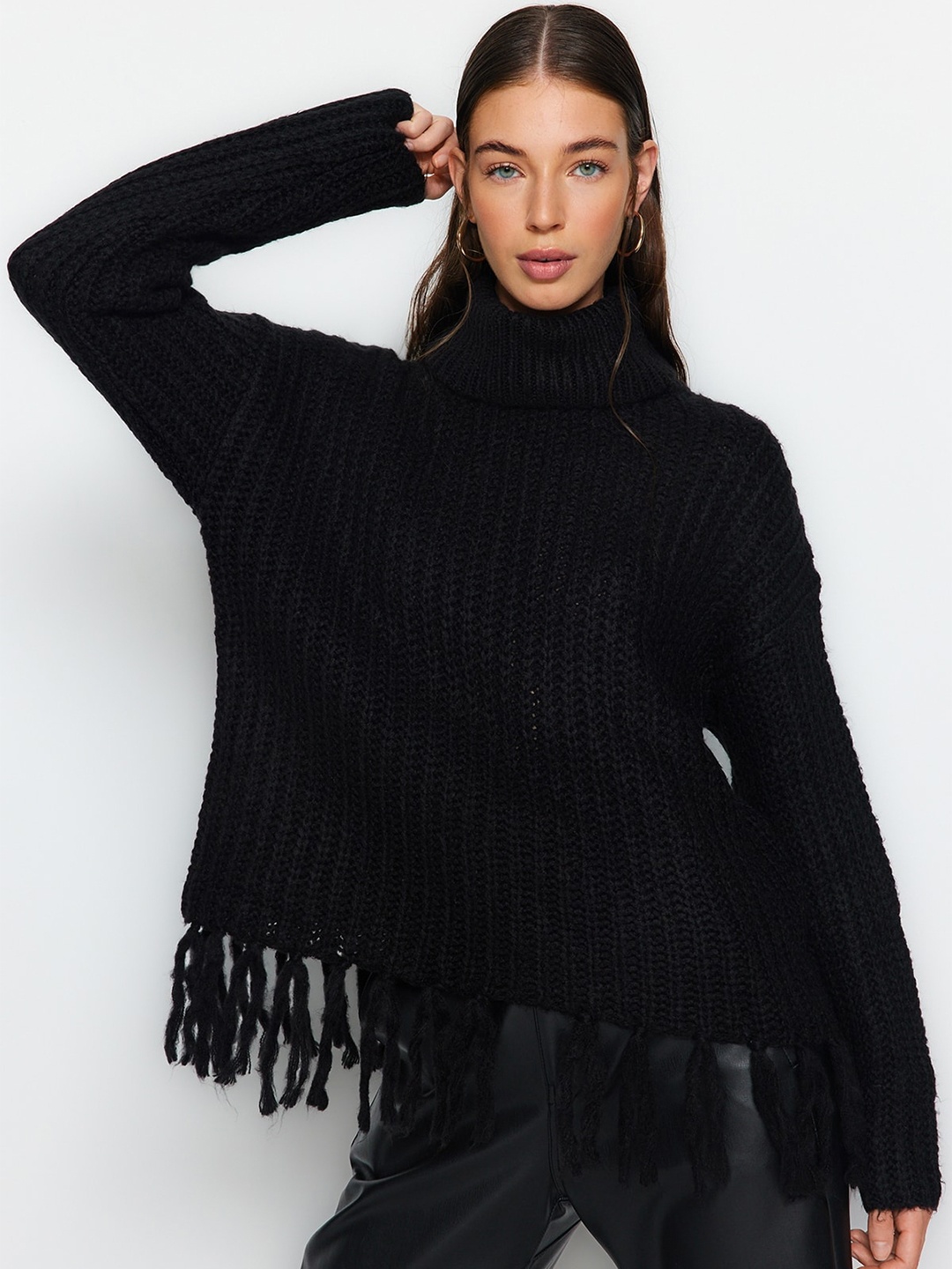 

Trendyol Cable Knit Self Design Turtle Neck Fringed Pullover Sweater, Black