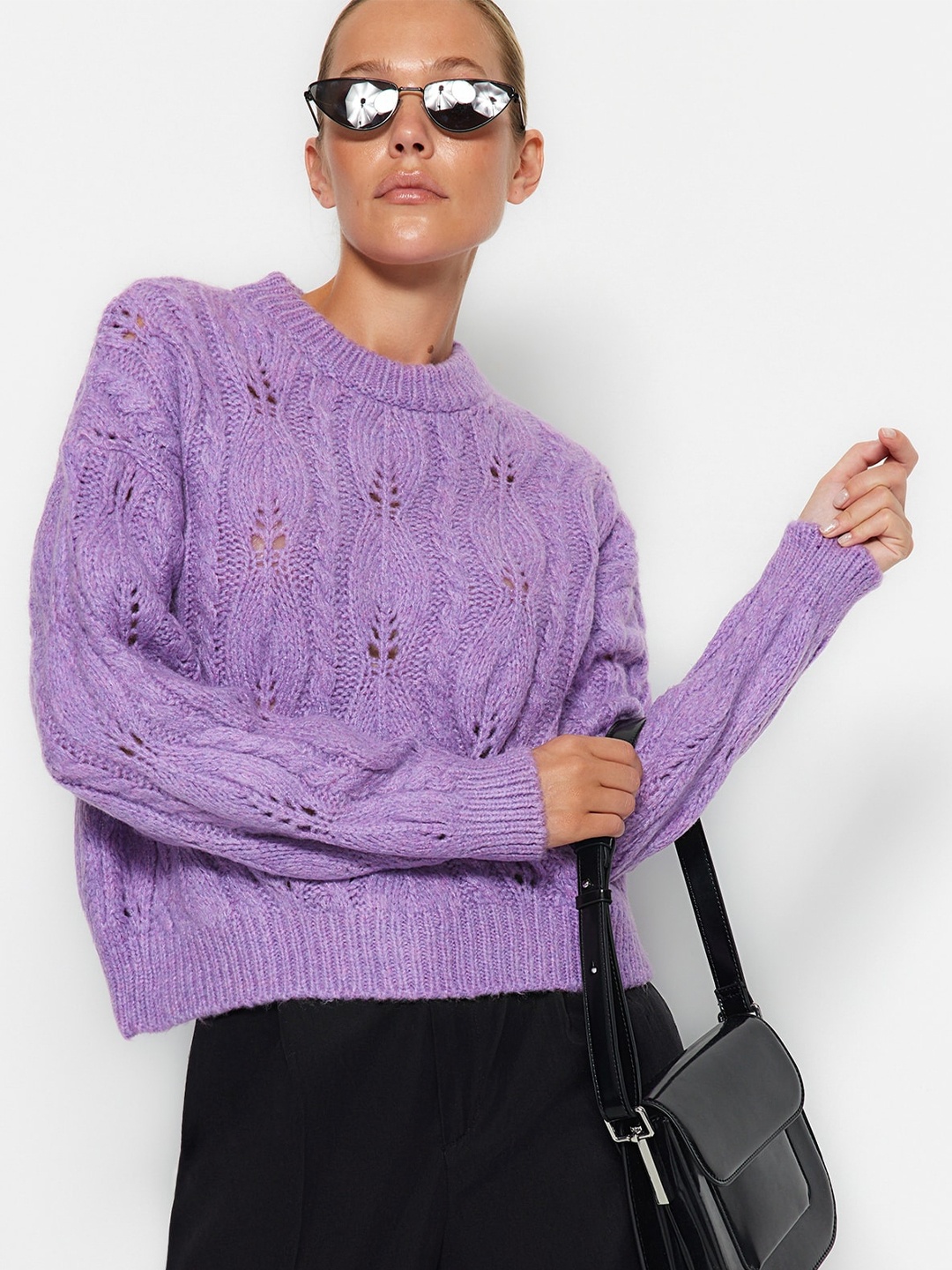 

Trendyol Cable Knit Self Design Pullover Sweater, Purple