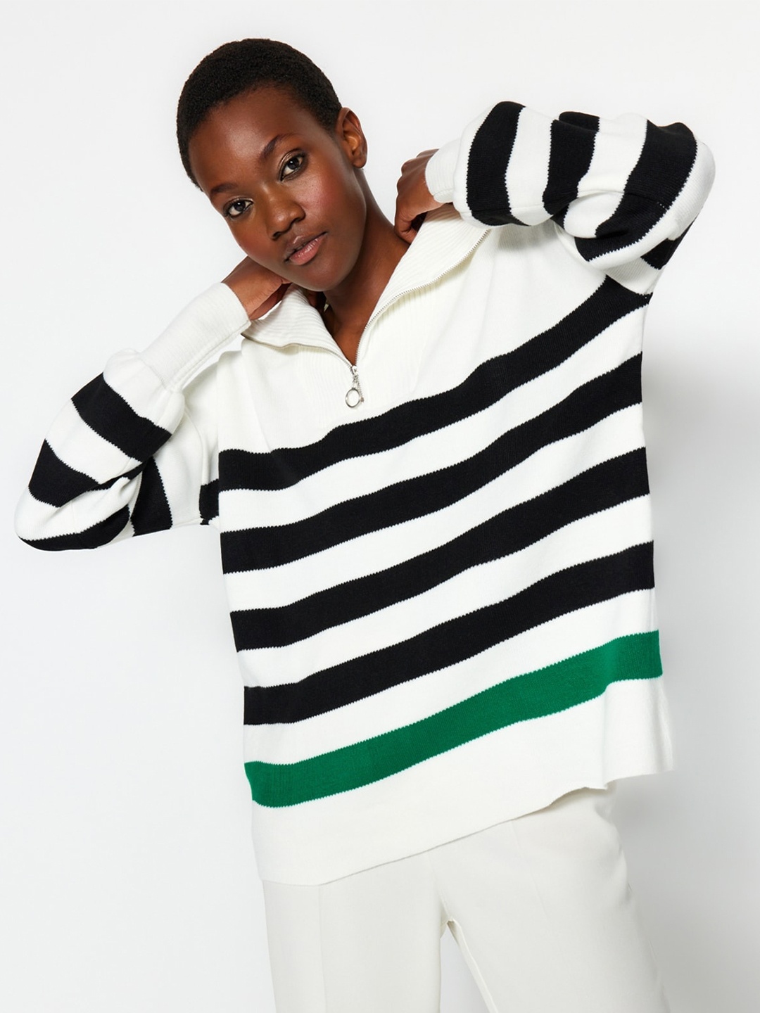 

Trendyol Striped Henley Neck Pullover, White