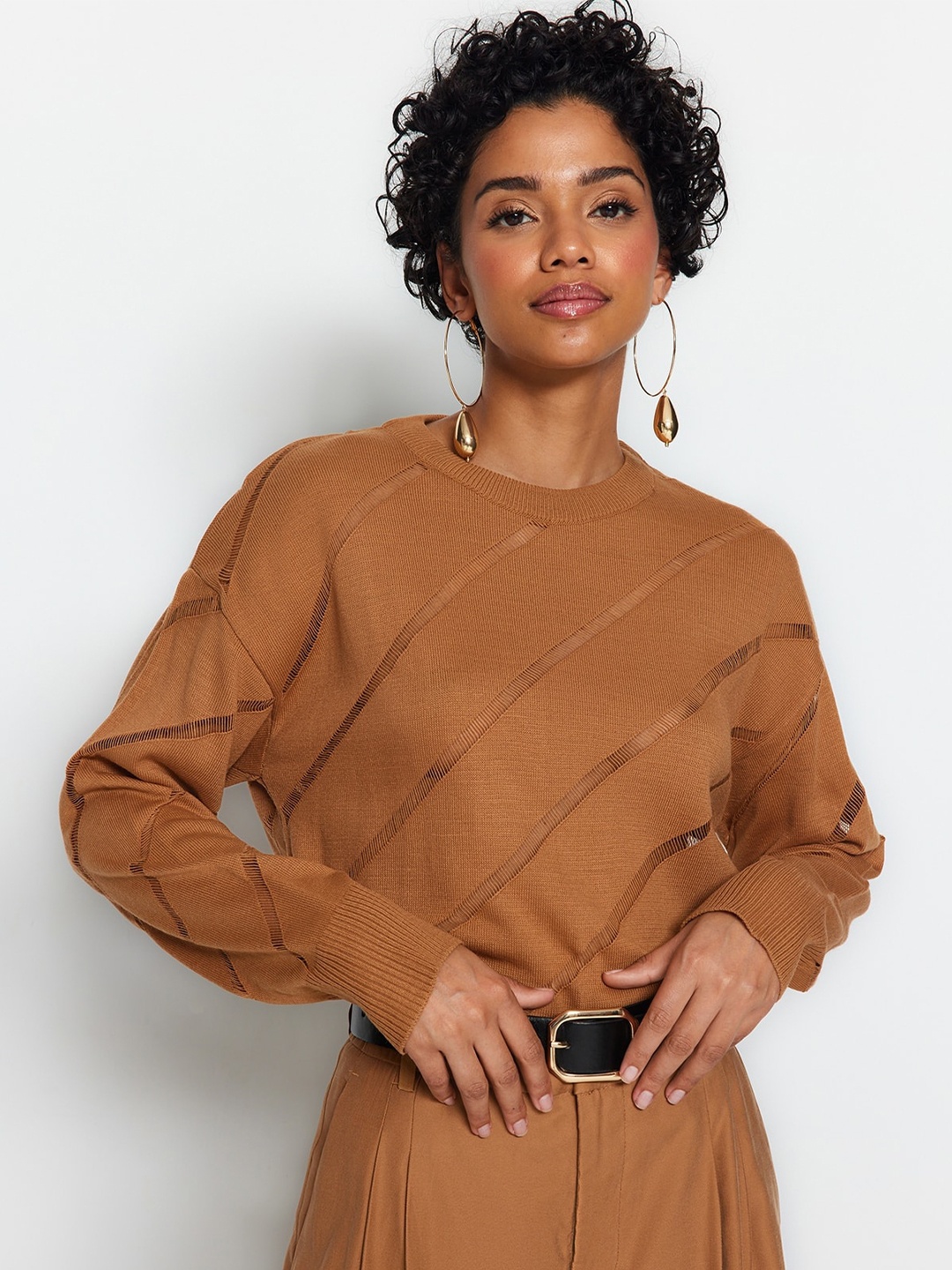 

Trendyol Striped Acrylic Pullover Sweaters, Brown