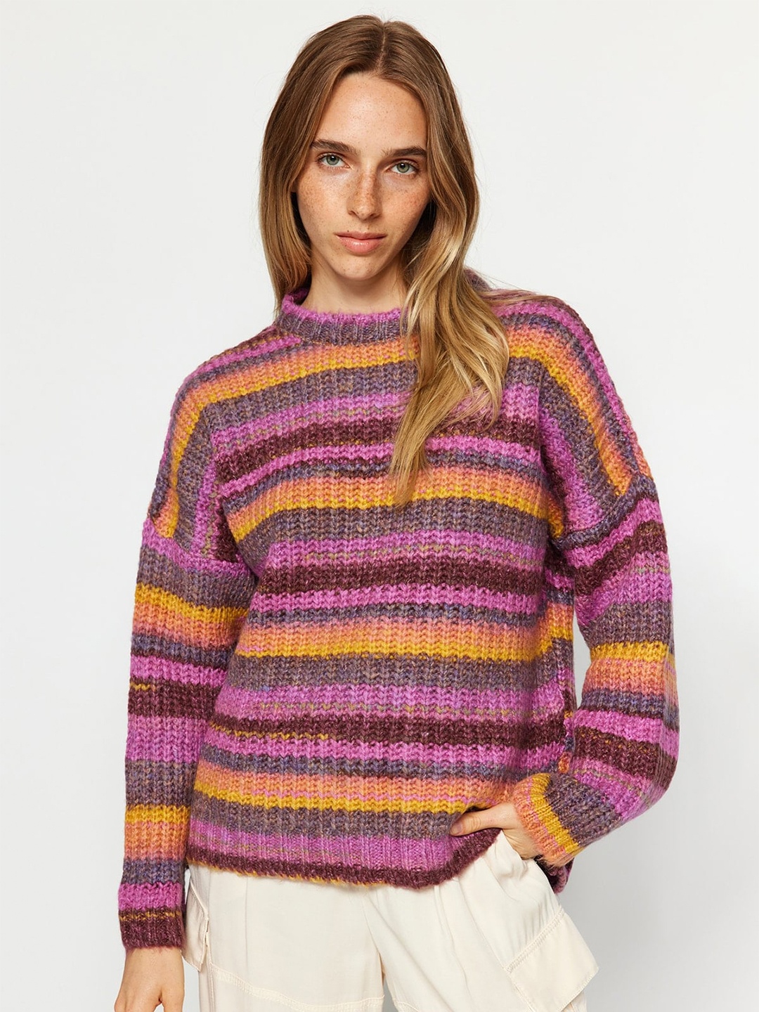 

Trendyol Striped Drop-Shoulder Sleeves Pullover, Purple