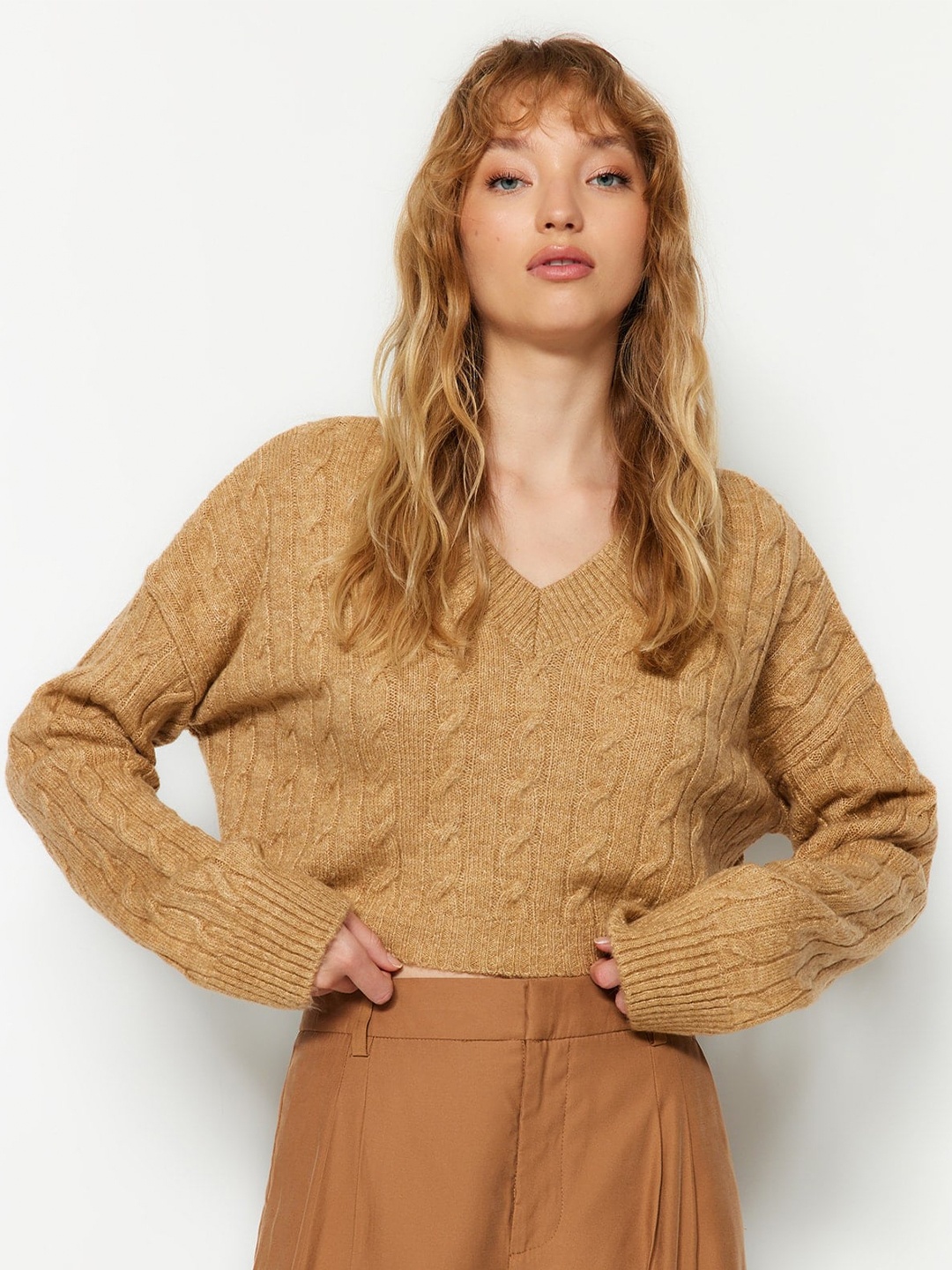 

Trendyol Cable Knit Crop Sweater, Brown