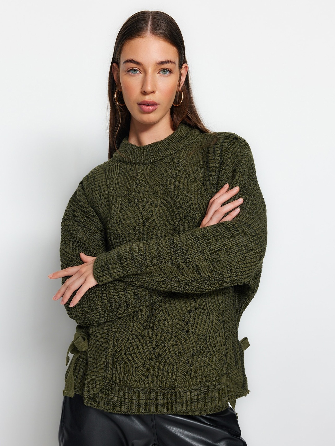 

Trendyol Cable Knit Self Design Acrylic Pullover Sweaters, Green
