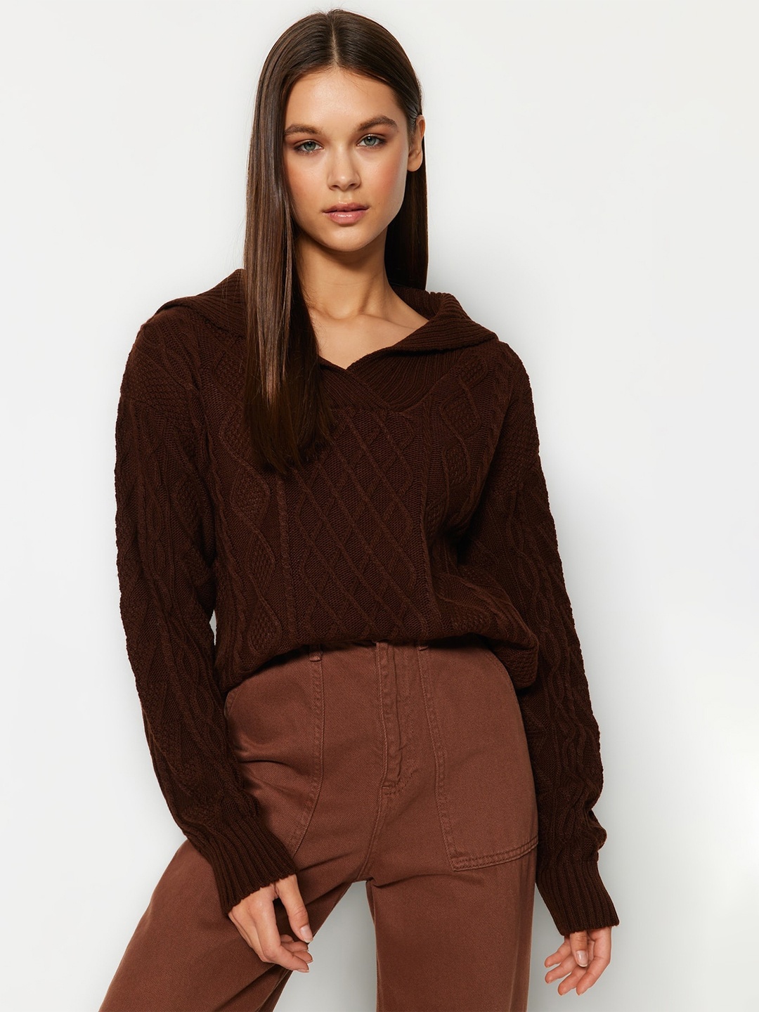 

Trendyol Cable Knit Self Design Shirt Collar Acrylic Pullover, Brown