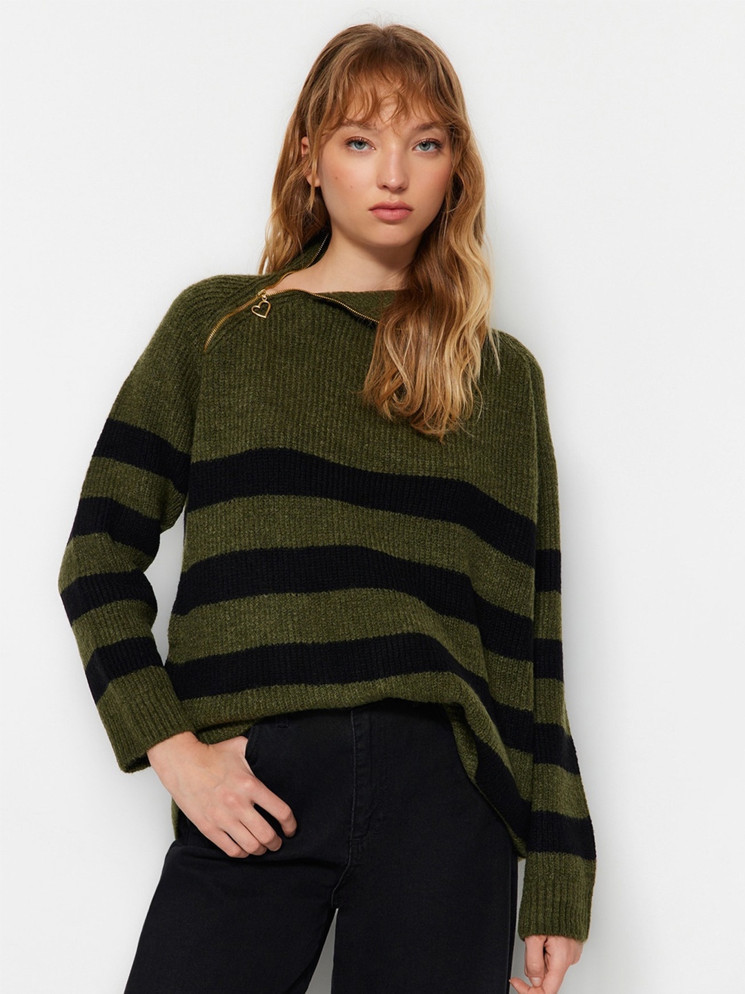 

Trendyol Striped Turtle Neck Pullover, Green