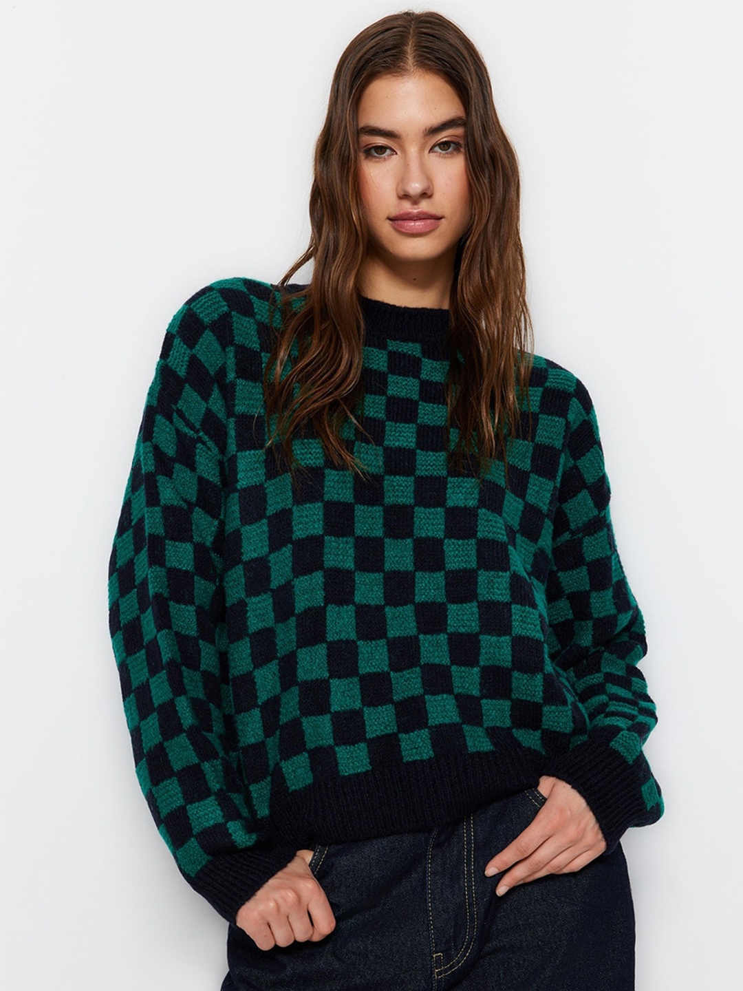 

Trendyol Ribbed Checked Pullover, Green