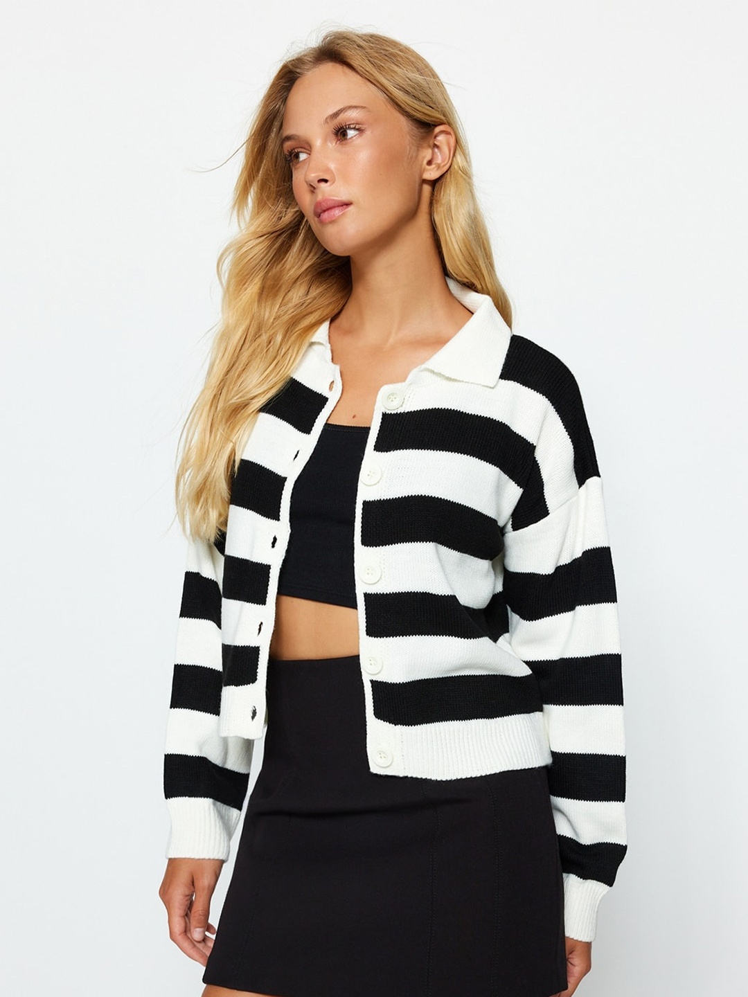 

Trendyol Striped Shirt Collar Acrylic Cardigan Sweater, Black