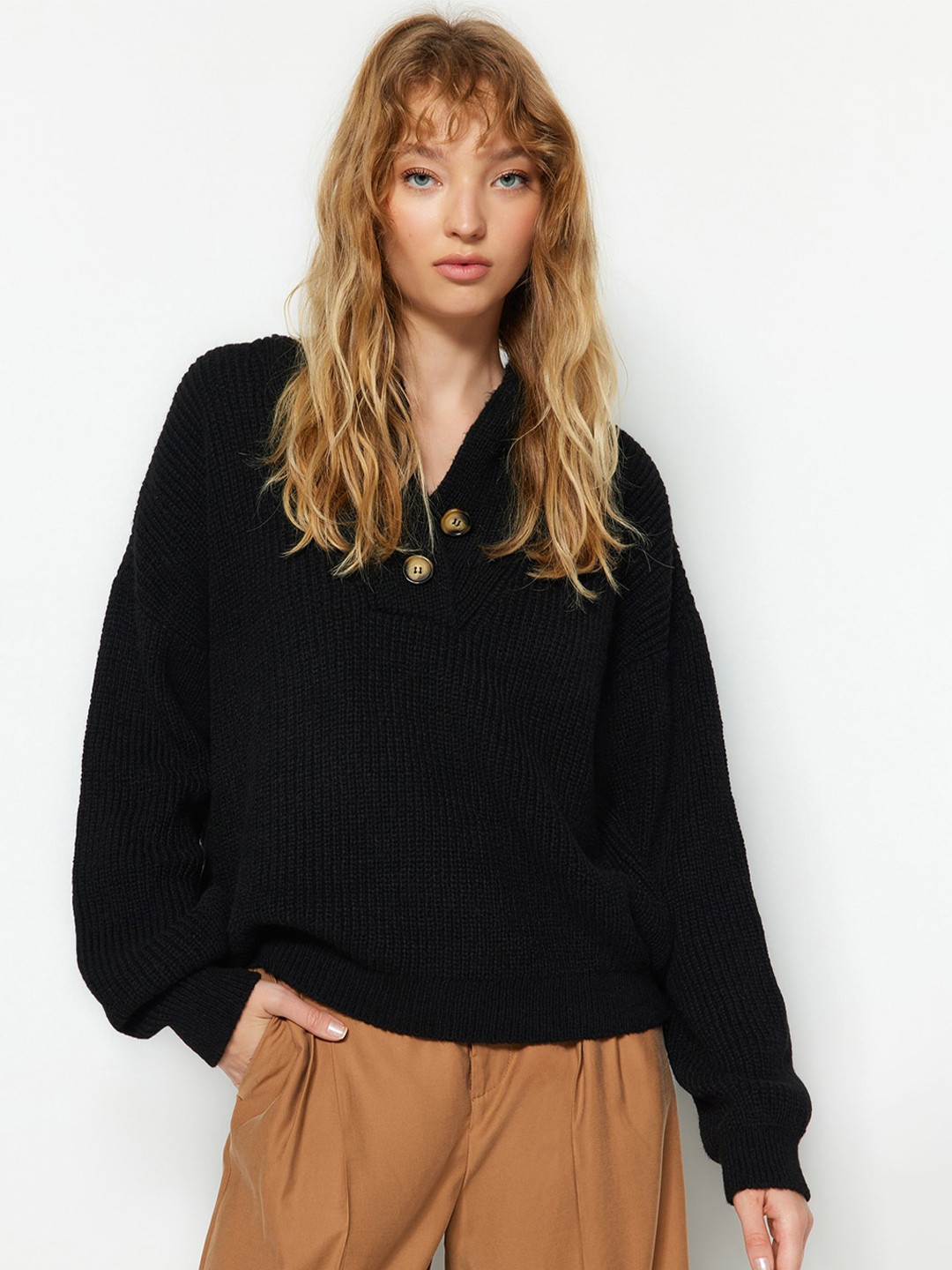

Trendyol V-Neck Cable Knit Pullover Sweater, Black