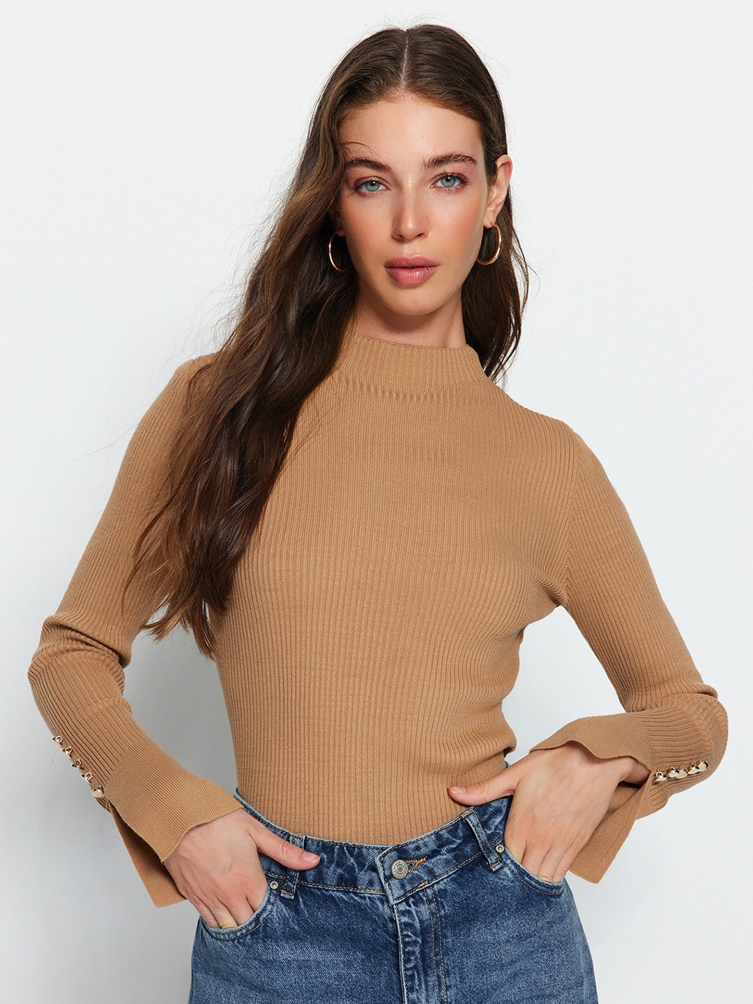 

Trendyol Mock Collar Ribbed Pullover Acrylic Sweater, Brown