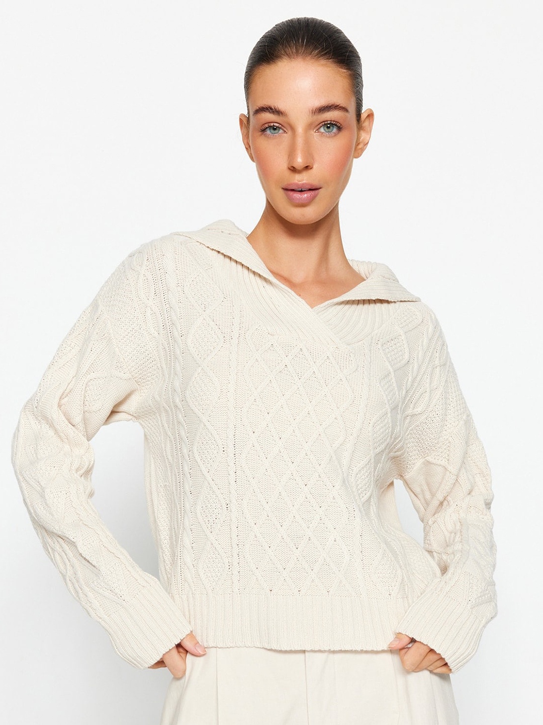 

Trendyol Cable Knit Self Design Shirt Collar Acrylic Pullover Sweater, Off white