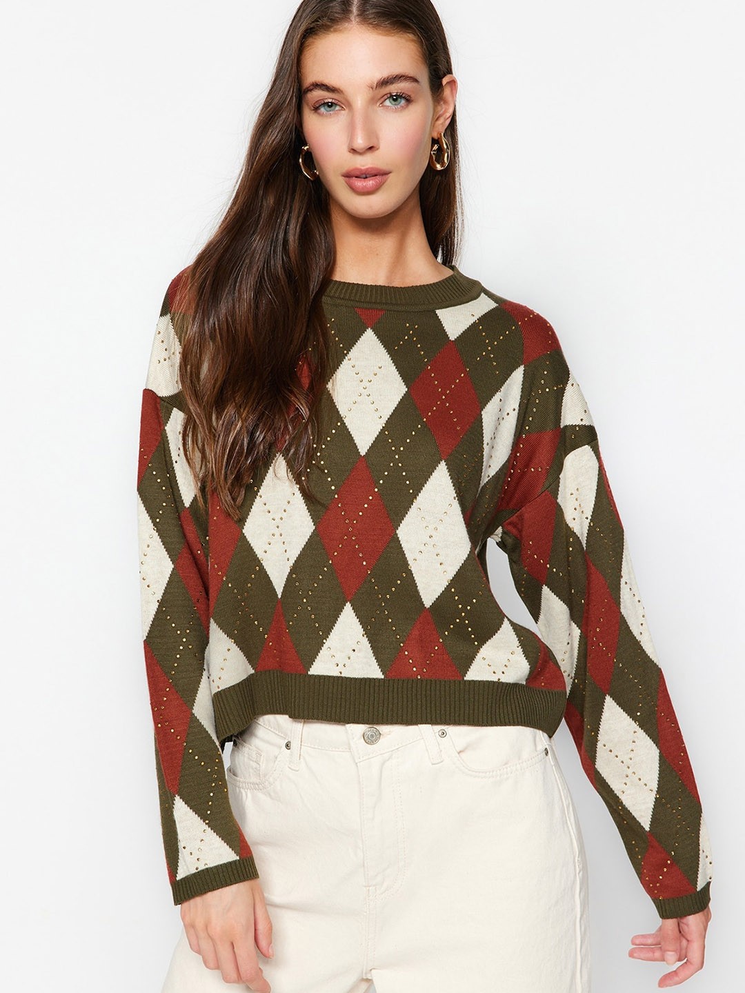 

Trendyol Geometric Printed Long Sleeves Beads Detail Pure Pullover Acrylic Sweaters, Green