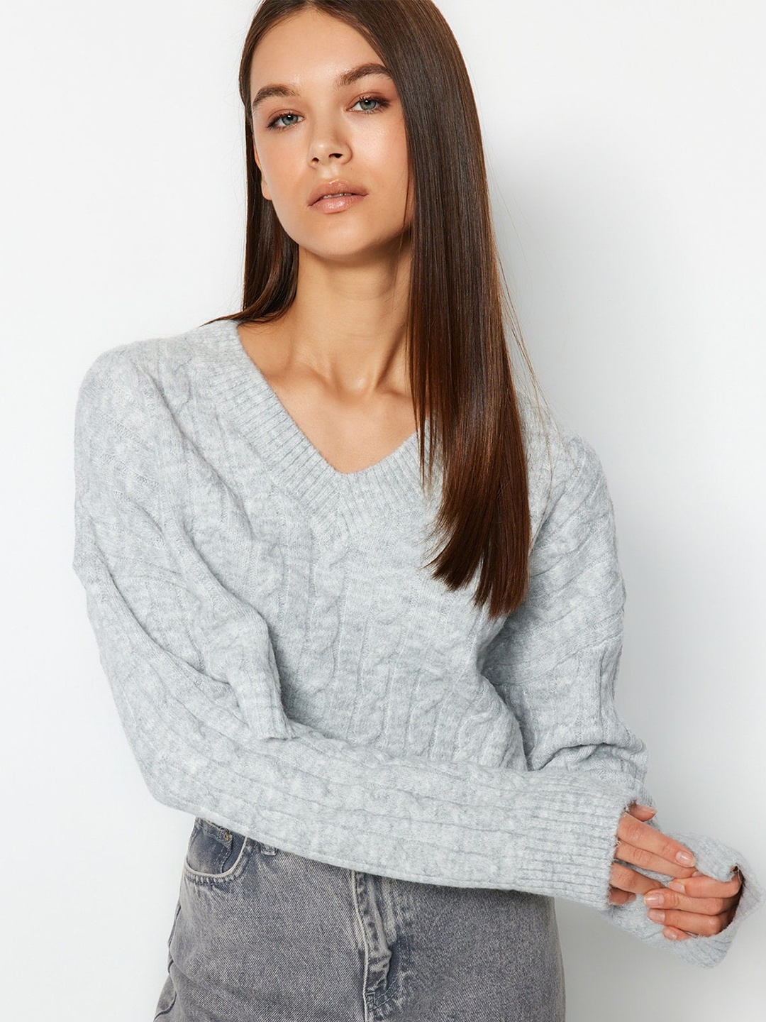 

Trendyol Cable Knit Crop Pullover Sweater, Grey