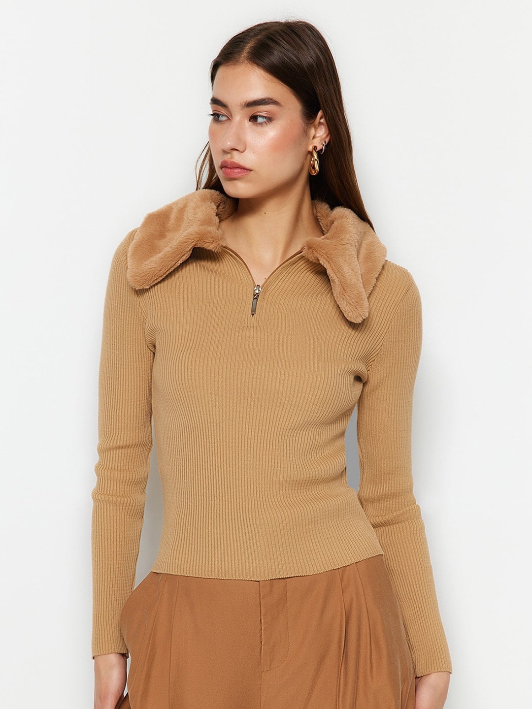 

Trendyol Ripped Shawl Collar Long Sleeve Acrylic Pullover Sweaters, Brown