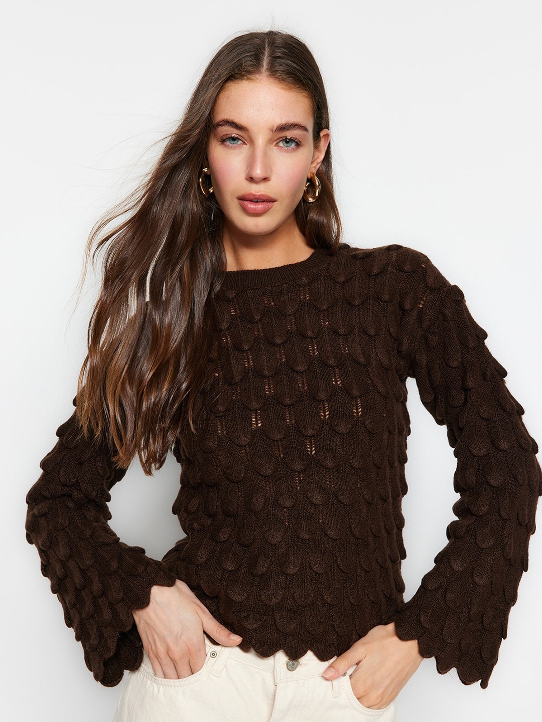 

Trendyol Cable Knit Self Design Ribbed Pullover, Brown