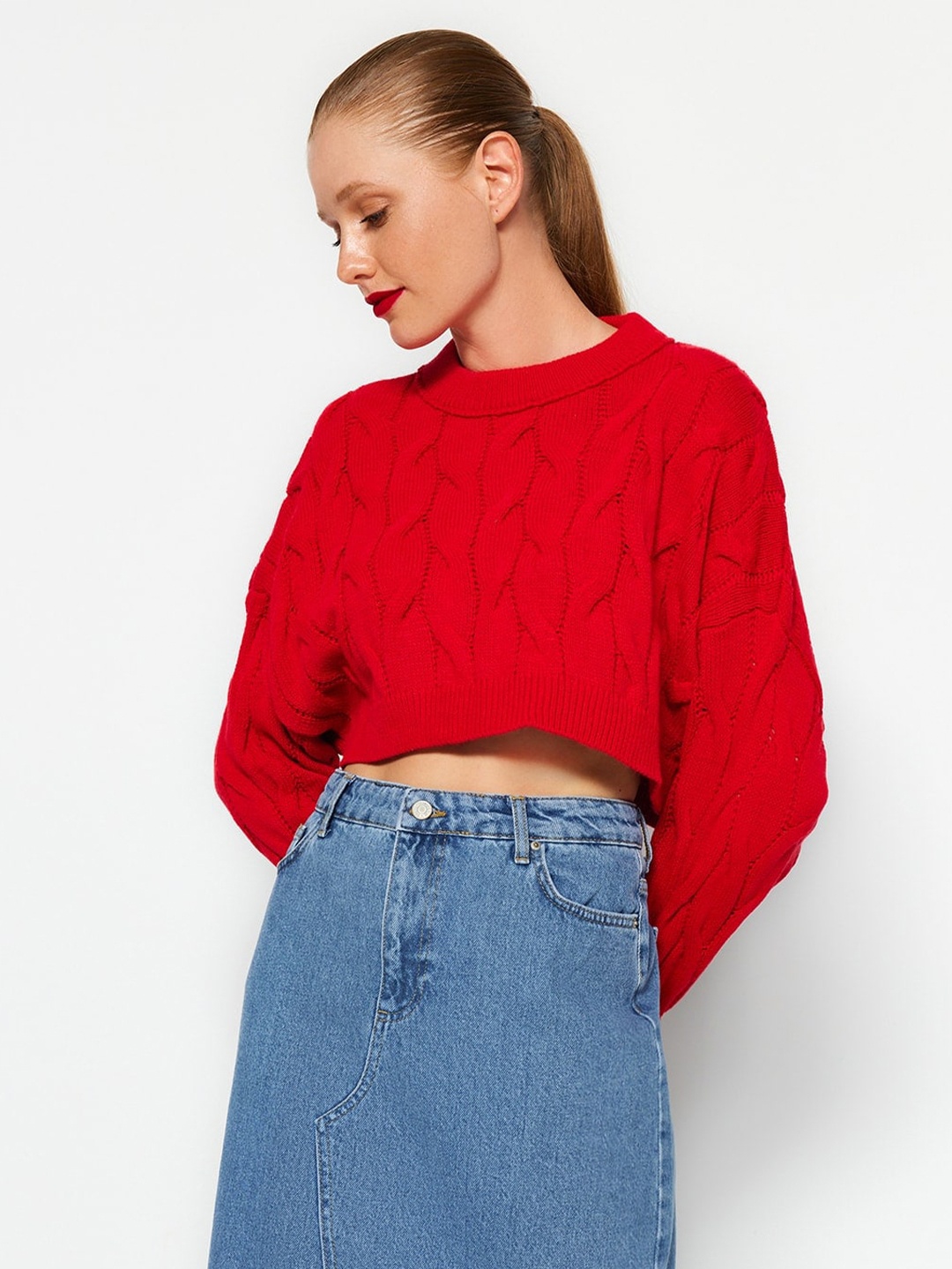 

Trendyol Cable Knit Acrylic Crop Pullover, Red