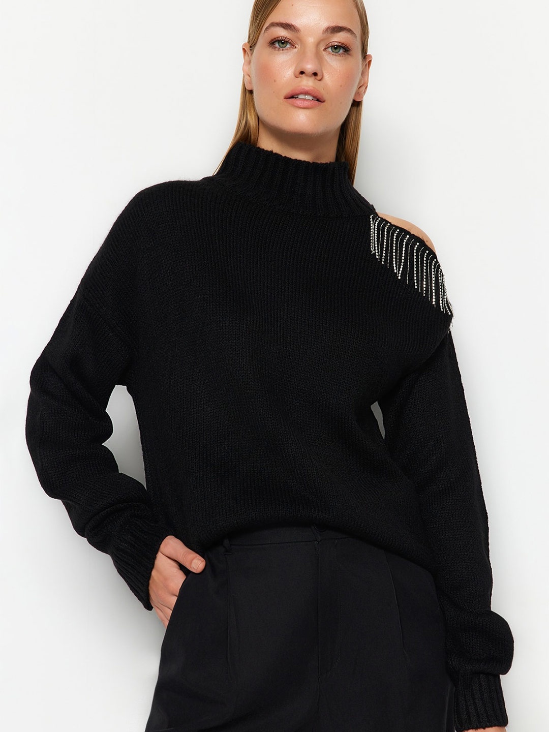 

Trendyol Ribbed Mock Collar Long Sleeve Acrylic Pullover Sweaters, Black