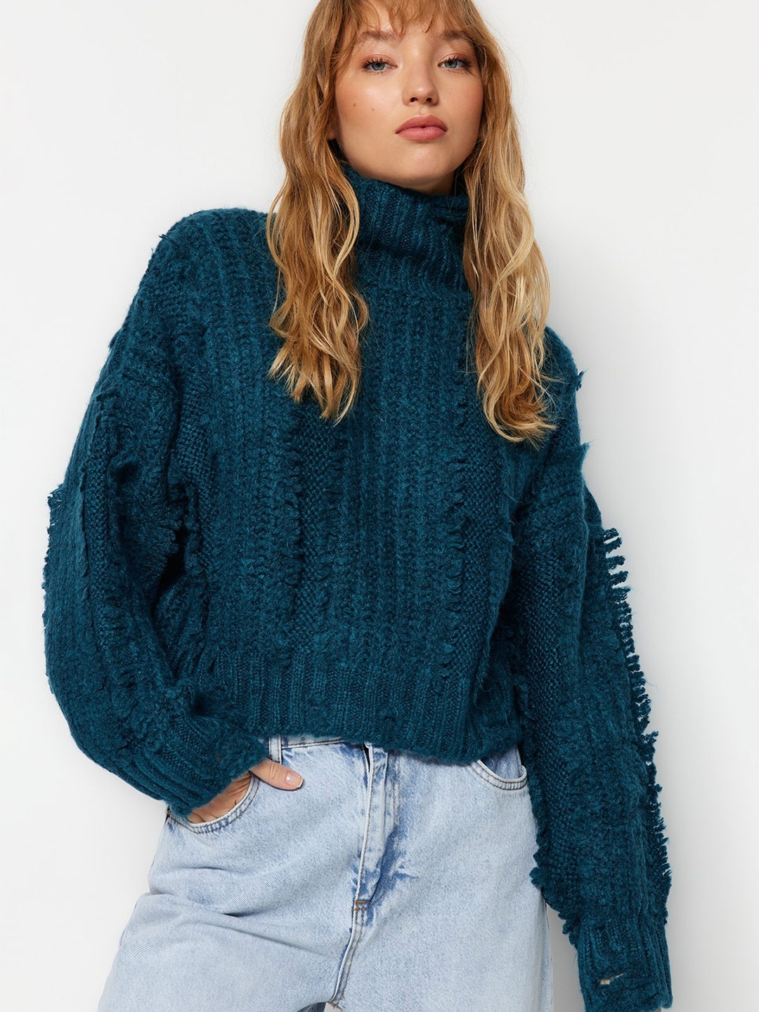 

Trendyol Self Design Turtle Neck Open Acrylic Knit Pullover Sweaters, Teal