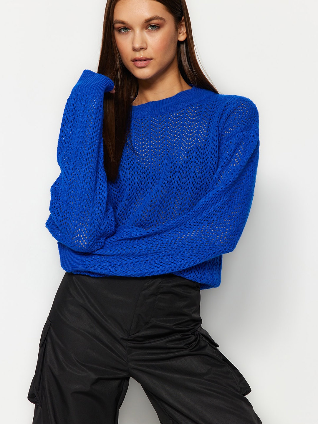 

Trendyol Open Knit Round Neck Acrylic Pullover, Blue